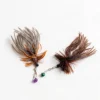 Two Shadow Bug Ostrich and Chicken Feather Cat Wand Replacement refills with layered gray, brown, and orange feathers, metal clips, and small bells on a white background.