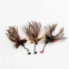 Three Shadow Bug Ostrich and Chicken Feather Cat Wand Replacement refills with natural layered feathers, metal clips, and colorful bells arranged on a white background.