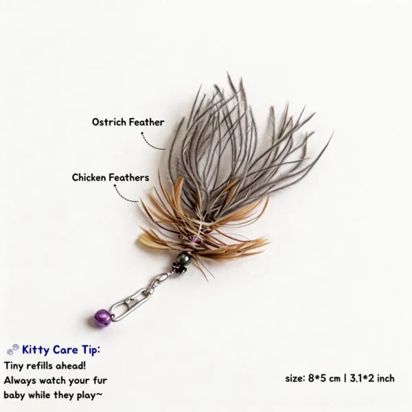 Shadow Bug Ostrich and Chicken Feather Cat Wand Replacement close-up labeled Ostrich Feather and Chicken Feathers, with a purple bell, metal clip, 8 x 5 cm size, and a Kitty Care Tip reminding owners to supervise play.
