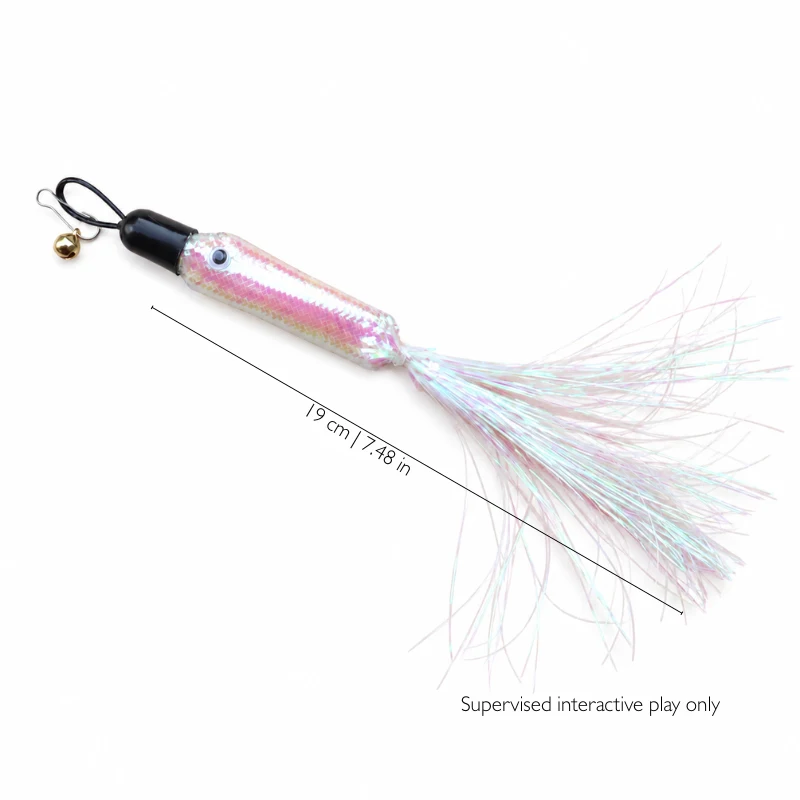 Shimmer Silver Fish wand cat toy attachment with a 19 cm length guide, iridescent fish-scale body, long shimmering tail and bell.