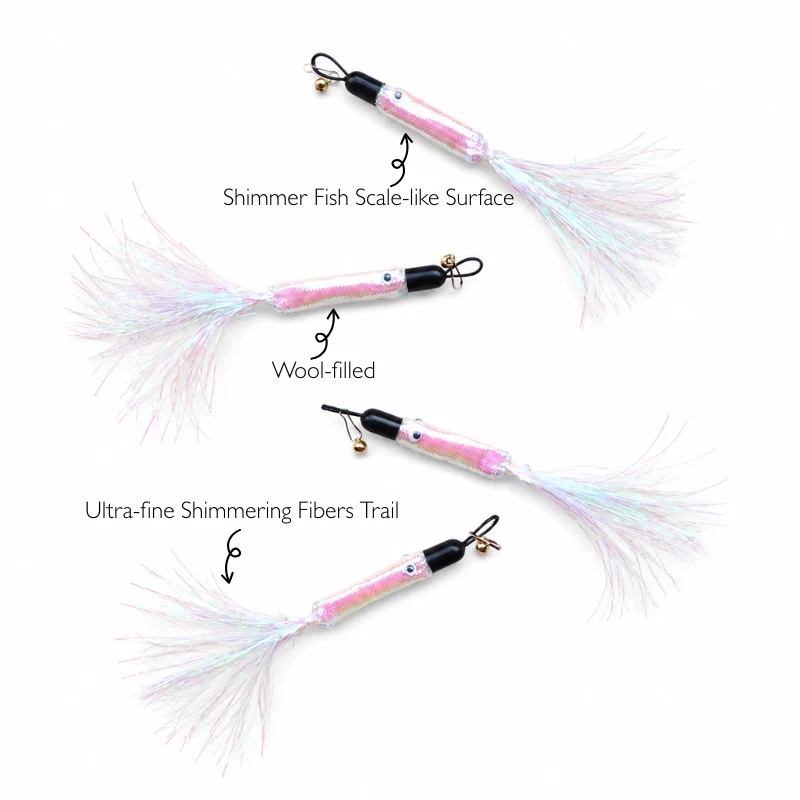 Shimmer Silver Fish attachment showing its reflective scale-like surface, natural wool-filled body and ultra-fine iridescent tail fibers.