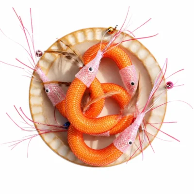 shrimp-cat-teasers-wand-interactive-hunting-toy-detail Close-up view of shrimp cat teasers wand refills with mesh shells, feather tails, and shimmering whiskers designed for interactive hunting toys for cats.