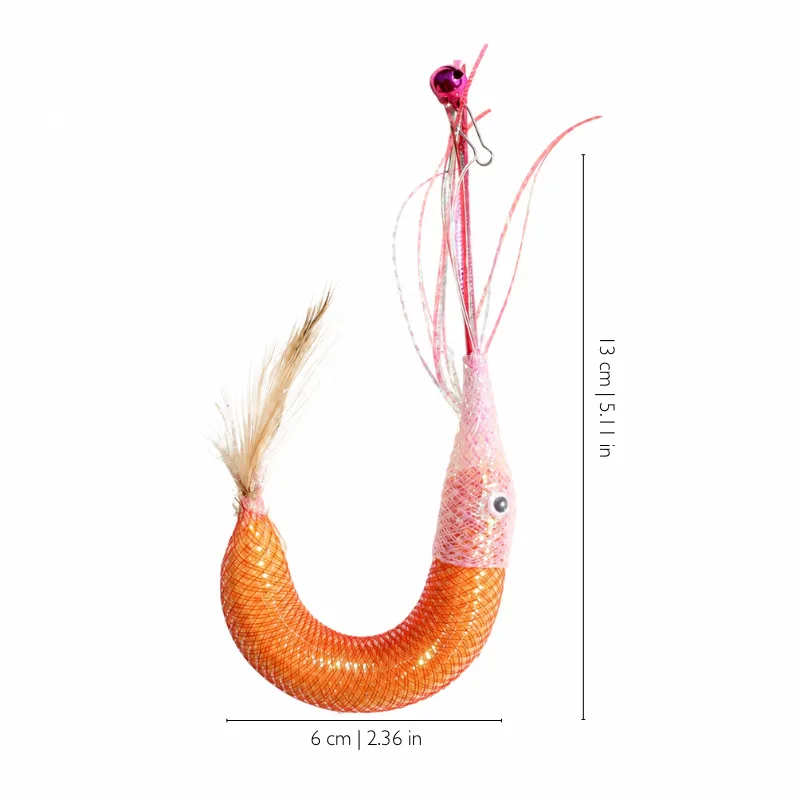 Shrimp cat teasers wand refill shown with size measurement, featuring a curved orange prey body, soft texture, and lightweight design for interactive cat play.