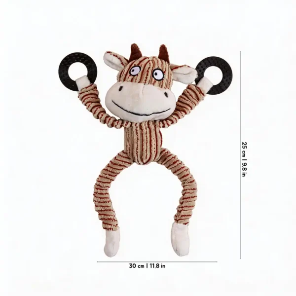 Silly Moo Cow Floppy Critter Chew Ring Plush Dog Toy with chew rings and 30 cm by 25 cm size.