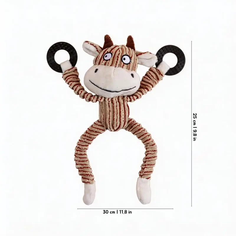 Silly Moo Cow Floppy Critter Chew Ring Plush Dog Toy Size Detail Silly Moo Cow Floppy Critter Chew Ring Plush Dog Toy with chew rings and 30 cm by 25 cm size.