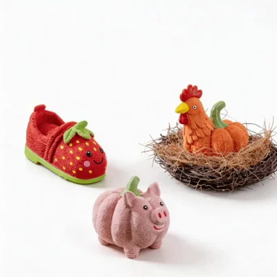 Silly Squeak Pals Latex Squeaky Dog Chew Toy Rooster Piggy Strawberry Trio Silly Squeak Pals Latex Squeaky Dog Chew Toy trio featuring Rooster Pumpkin, Piggy Pumpkin, and Strawberry Slipper designs on a white background.
