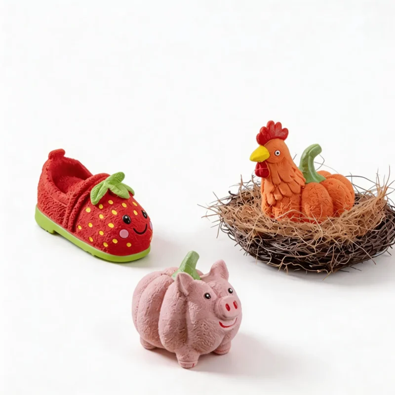 Silly Squeak Pals Latex Squeaky Dog Chew Toy Rooster Piggy Strawberry Trio Silly Squeak Pals Latex Squeaky Dog Chew Toy trio featuring Rooster Pumpkin, Piggy Pumpkin, and Strawberry Slipper designs on a white background.