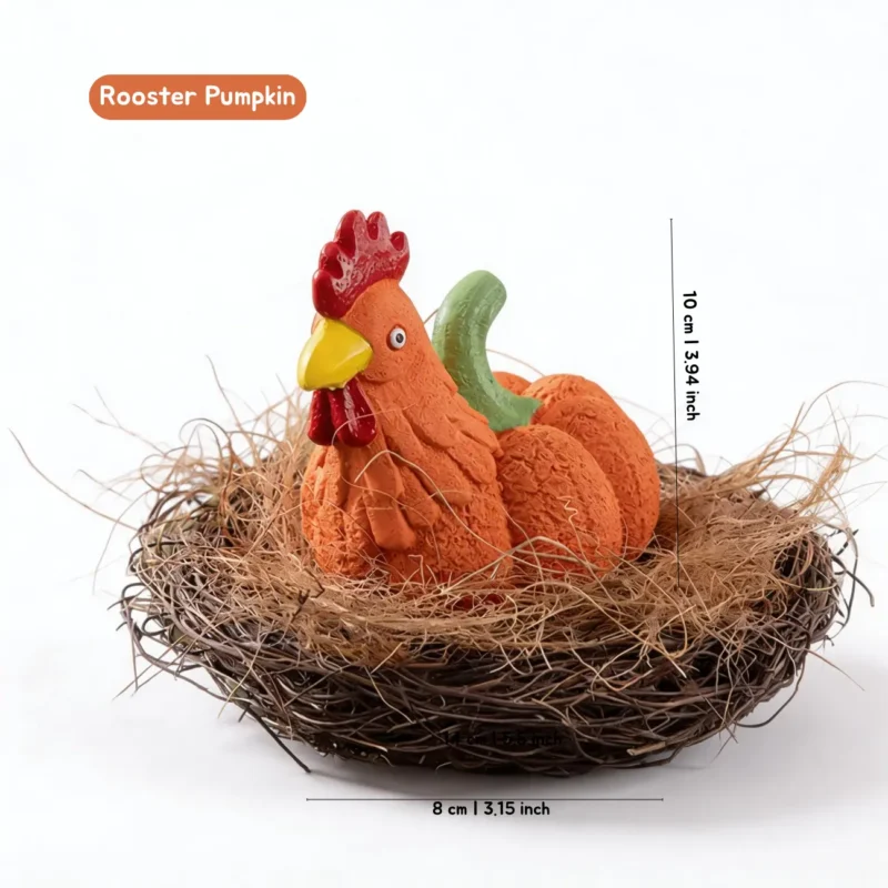Rooster Pumpkin Silly Squeak Pals Latex Squeaky Dog Chew Toy Size Detail Rooster Pumpkin Silly Squeak Pals Latex Squeaky Dog Chew Toy in a nest display, with orange rooster and pumpkin details shown in 8 x 10 cm size.
