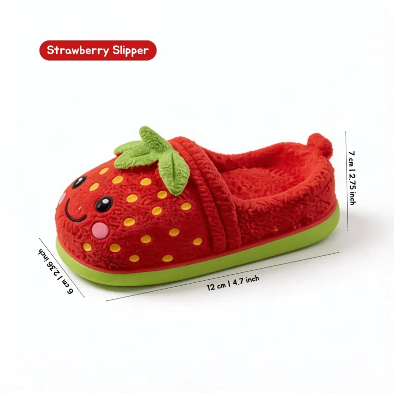 Strawberry Slipper Silly Squeak Pals Latex Squeaky Dog Chew Toy Size Detail Strawberry Slipper Silly Squeak Pals Latex Squeaky Dog Chew Toy with red strawberry shoe design, green sole, textured surface, and 12 x 7 x 6 cm size.