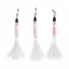 Three silver fish cat wand refill attachments with round eyes, bells and long shimmering tails displayed vertically on a white background.