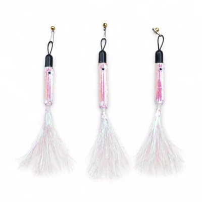 silver-fish-cat-wand-refill-attachments Three silver fish cat wand refill attachments with round eyes, bells and long shimmering tails displayed vertically on a white background.