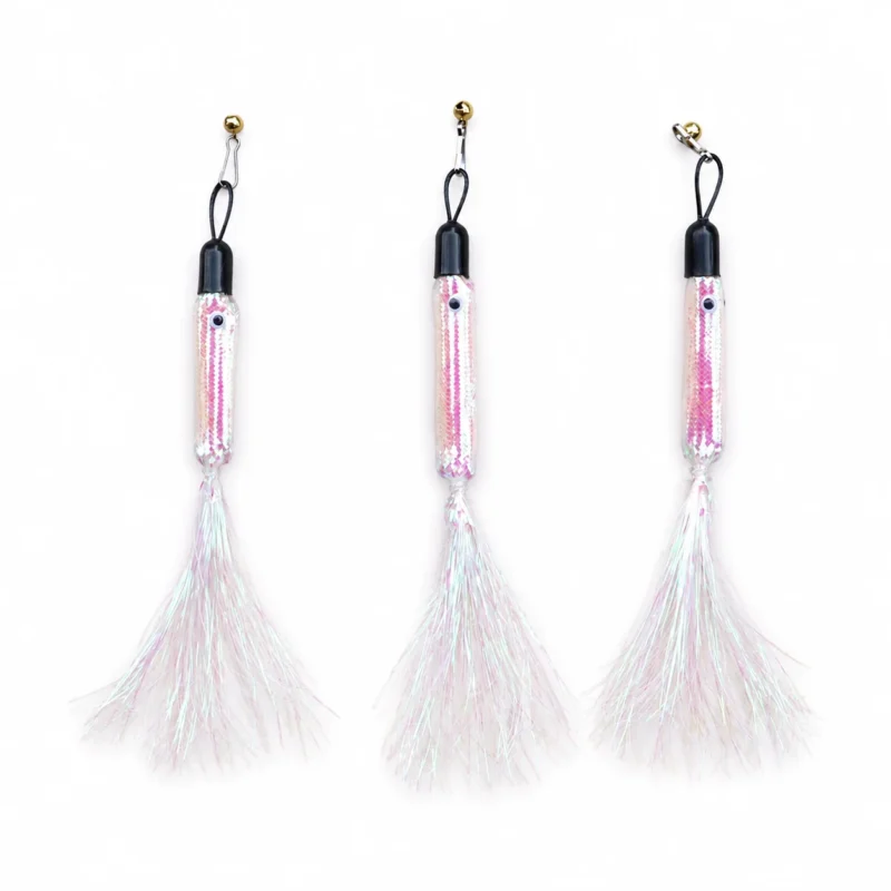 Three silver fish cat wand refill attachments with round eyes, bells and long shimmering tails displayed vertically on a white background.
