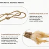 Silvervine Feather Hang and Play Interactive Cat Chew Toy materials infographic with “100% natural, zero nasty additives,” handmade hemp rope, silvervine sticks, and feather details.