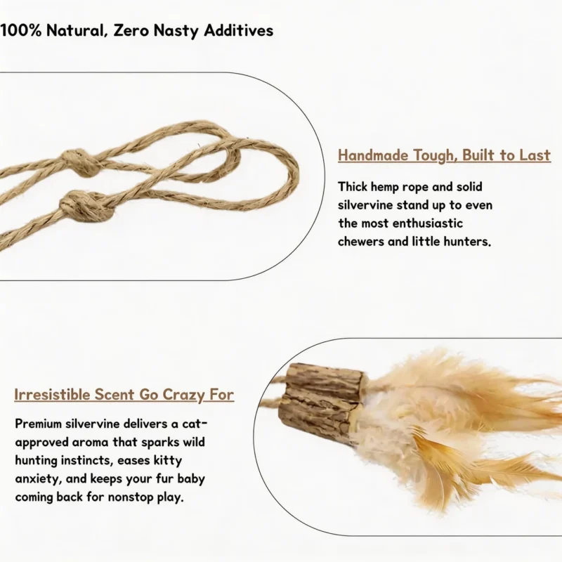 Silvervine Feather Hang and Play Interactive Cat Chew Toy materials infographic with “100% natural, zero nasty additives,” handmade hemp rope, silvervine sticks, and feather details.