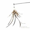 slim-longtail-cat-feather-wand-refill-size Slim Longtail cat feather wand refill shown attached to a teaser rod, with mottled duck feathers, narrow chicken feathers, and 20 × 3 cm dimensions.