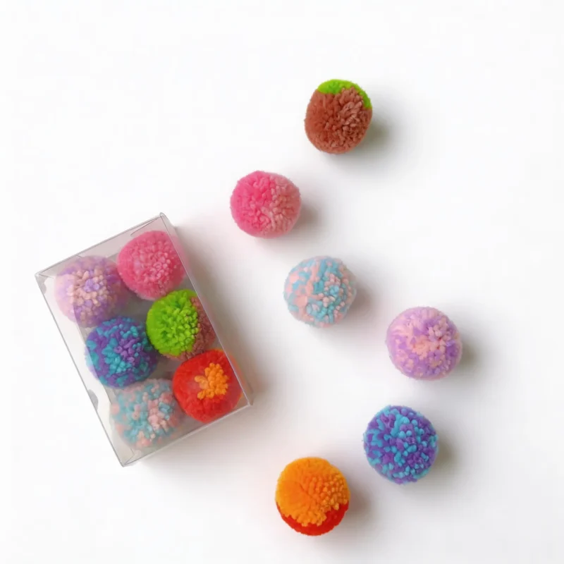 oft Yarn Pom Pom Silent Cat Toy Balls 6 Pack in assorted bright colors for quiet indoor cat play