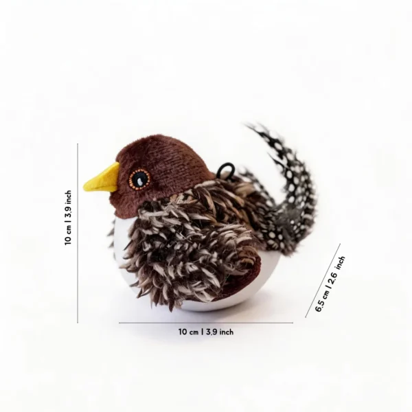 Speckled Sparrow Chirpy Bird cat toy size chart showing a plush bird design with 10 cm length, 10 cm height, and 6.5 cm tail detail.