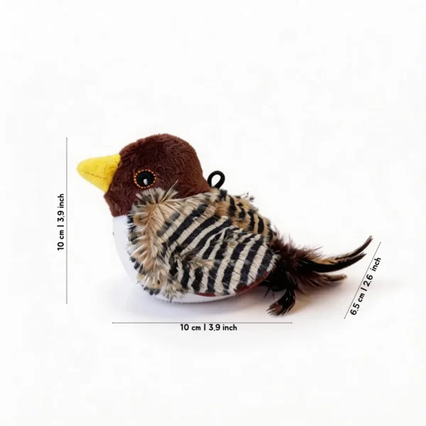 Striped Finch Chirpy Bird cat toy size chart showing a striped plush bird with yellow beak, feather tail, hanging loop, and 10 cm by 6.5 cm dimensions.