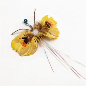 Sunny Butterfly Feather Cat Wand Replacement with yellow feather wings, peacock antennae, bell, and rainbow streamers.