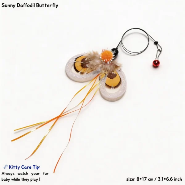 Sunny Daffodil Butterfly cat wand replacement with white mesh wings, yellow feather spots, orange pom pom, and shiny tails