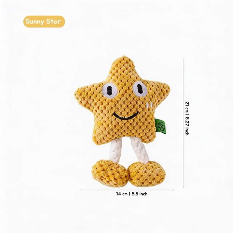 Sunny Star Ocean Pals Textured Plush Dog Toy with yellow star shape, embroidered smile, rope legs, textured plush fabric, and 14 x 21 cm size.