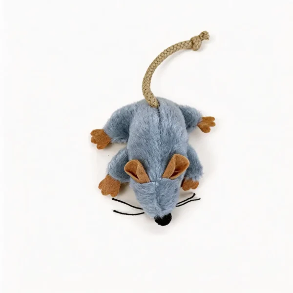 Tiny Mouse Hunt Plush Cat Toy in soft gray plush with tan ears, orange paws, black whiskers, and a knotted rope tail on a white background.