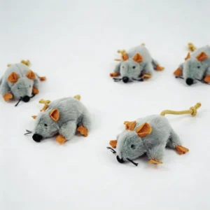 Tiny Mouse Hunt Plush Cat Toy Multipack Display Set of gray Tiny Mouse Hunt Plush Cat Toys arranged on a white background, each with a soft plush body, rope tail, tan ears, orange paws, and black whiskers.