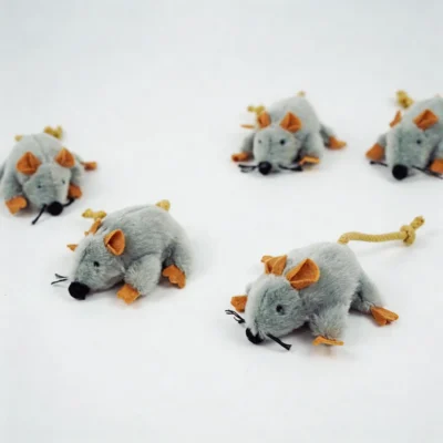Set of gray Tiny Mouse Hunt Plush Cat Toys arranged on a white background, each with a soft plush body, rope tail, tan ears, orange paws, and black whiskers.