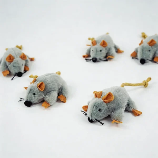 Set of gray Tiny Mouse Hunt Plush Cat Toys arranged on a white background, each with a soft plush body, rope tail, tan ears, orange paws, and black whiskers.