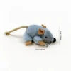 Tiny Mouse Hunt Plush Cat Toy shown from the side with a gray plush mouse body, rope tail, and size details of 9 cm by 4 cm, or 3.5 by 1.6 inches.