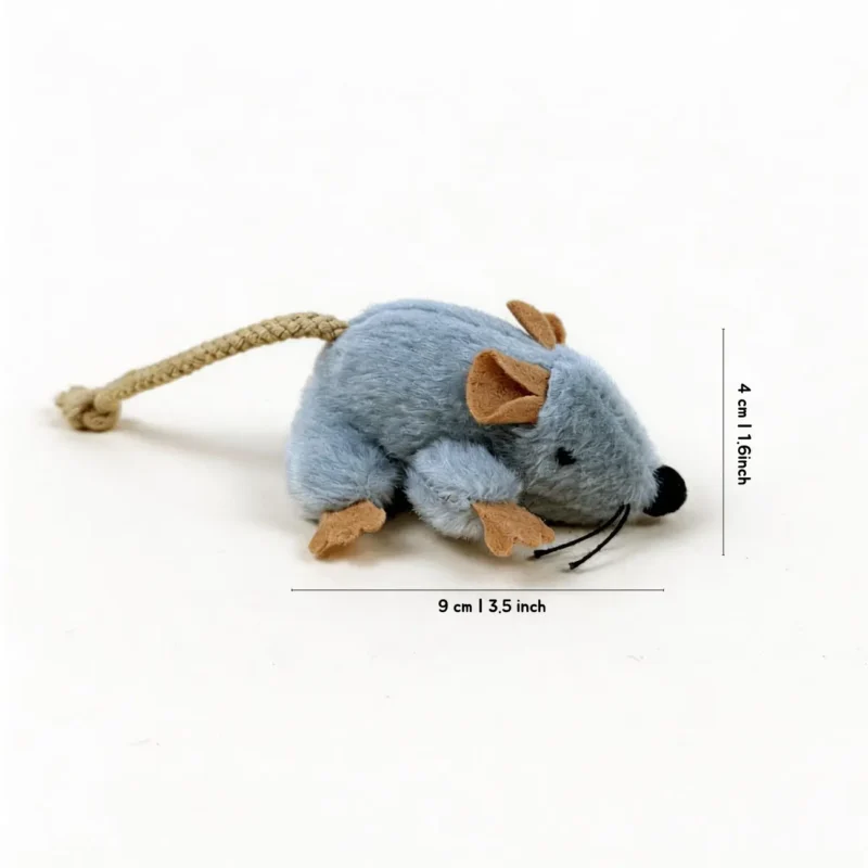 Tiny Mouse Hunt Plush Cat Toy Size Detail Tiny Mouse Hunt Plush Cat Toy shown from the side with a gray plush mouse body, rope tail, and size details of 9 cm by 4 cm, or 3.5 by 1.6 inches.