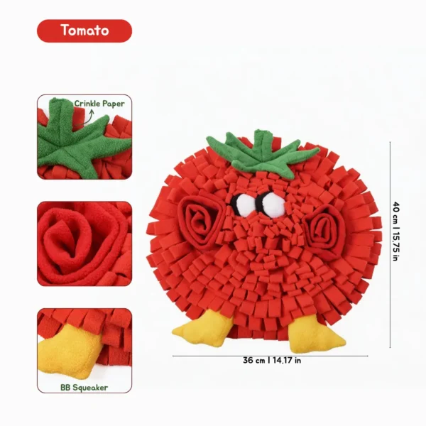 Tomato VeggiePup Garden Snuffle Foraging Mat with crinkle paper, fleece pockets, and BB squeaker for dog mental enrichment