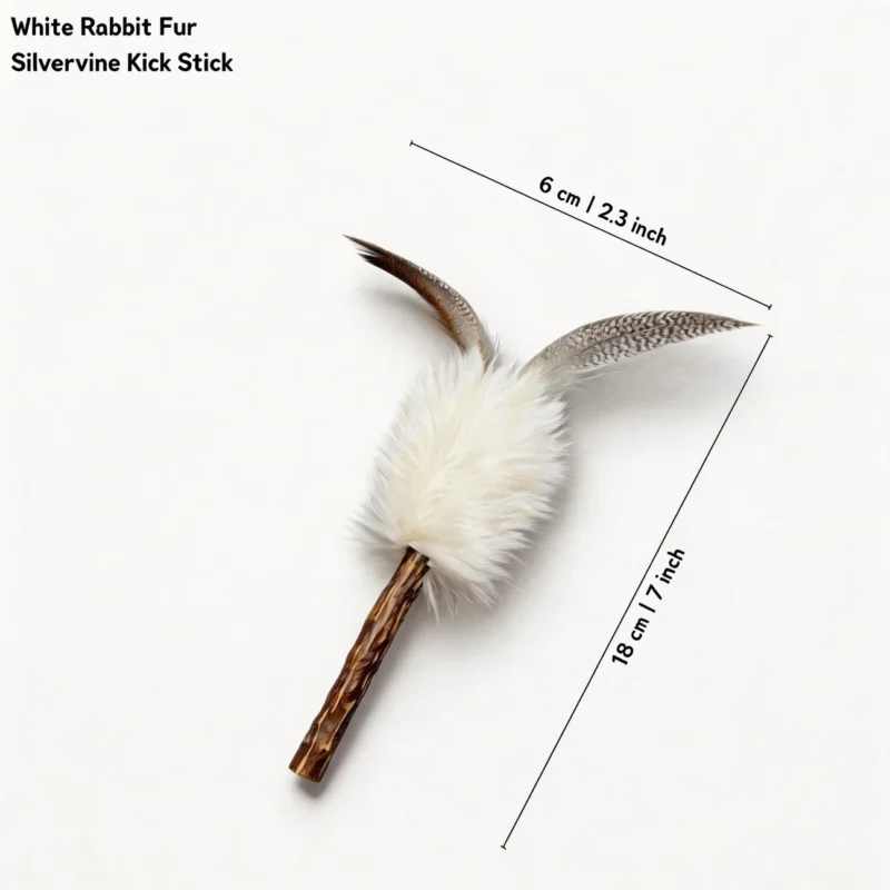 White Rabbit Fur Silvervine Kick Stick Size Guide White Rabbit Fur Silvervine Kick Stick shown with a size guide, measuring 18 cm long and 6 cm wide, with soft rabbit fur, feathers, and a silvervine chew stick.