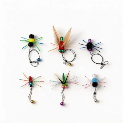 Wiggle Antenna Bug Cat Wand Replacement Set Six Wiggle Antenna Bug cat wand replacements with soft silicone feelers, feathers, bells, and clip-on hooks