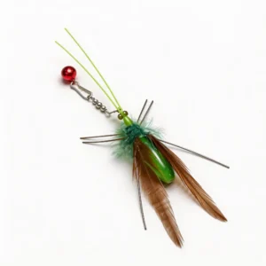 Wiggle Mantis Cat Wand Replacement with green bug body, brown feather wings, antennae, and red bell