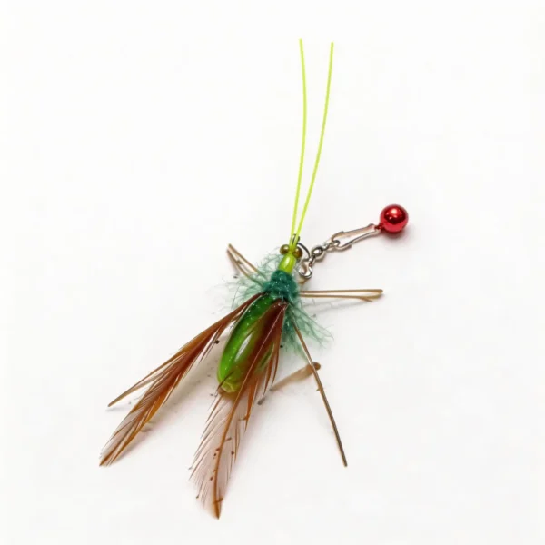 Side view of the Wiggle Mantis Cat Teaser Wand Replacement showing its feather tail, green body, long antennae, and clip-on bell attachment.
