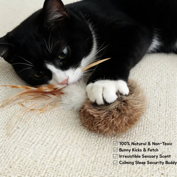 Bunny Fur Scent Enrichment Cat Toy variants in Wild Brown, Smoky Gray, and Cloud White with natural feather tails