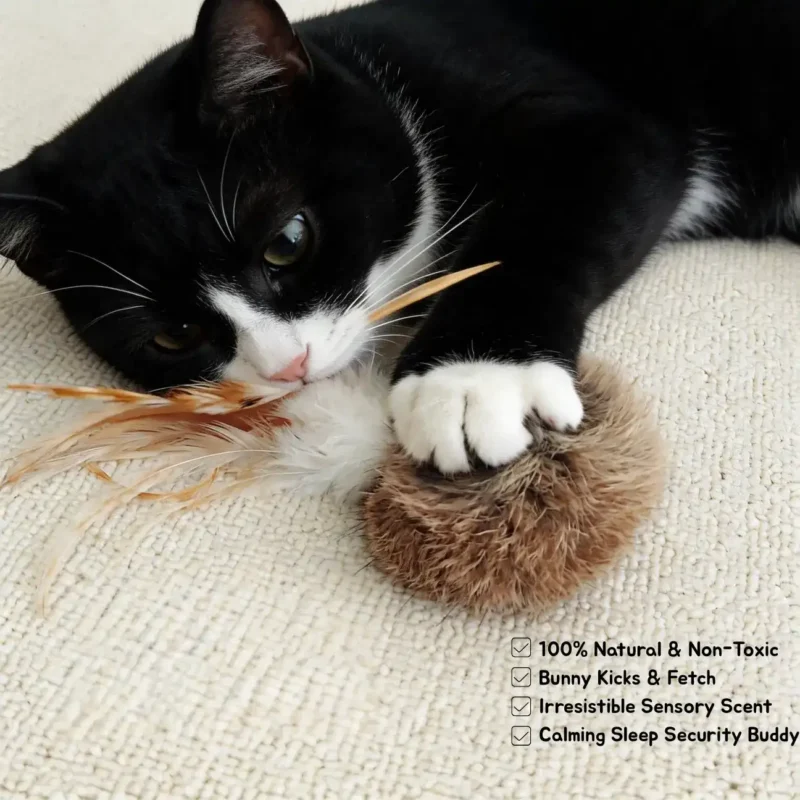 Bunny Fur Scent Enrichment Cat Toy variants in Wild Brown, Smoky Gray, and Cloud White with natural feather tails