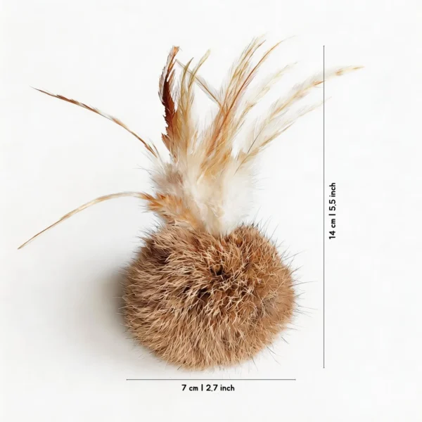 Wild Brown Bunny Fur Scent Enrichment Cat Toy with bunny fur ball and natural feathers, 14 cm tall and 7 cm wide