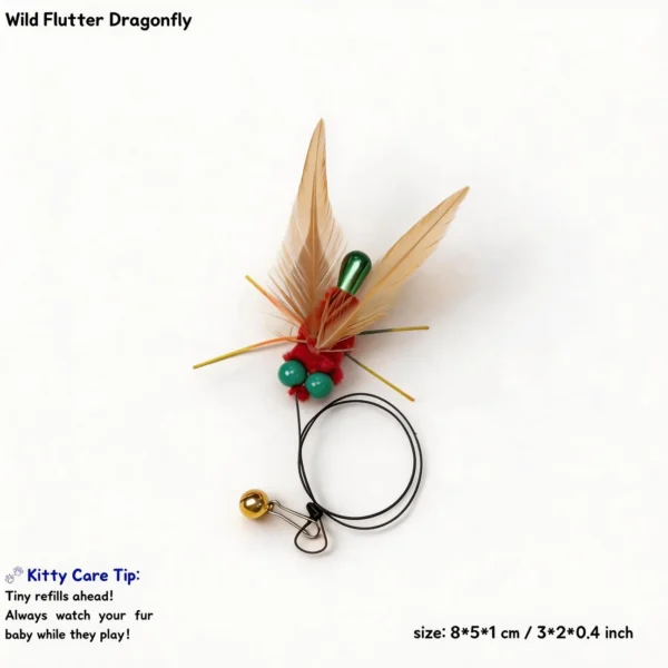 Wild Flutter Dragonfly cat wand replacement with feather wings, soft antennae, colorful beads, and gold bell