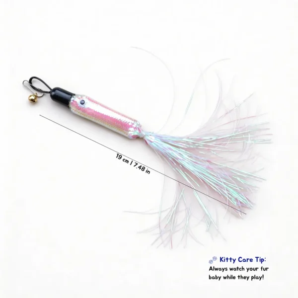 Woolie Shimmer Fish Cat Wand Replacement measuring 19 cm with shimmer fish body, rustling tinsel tail, and kitty care tip for supervised play.