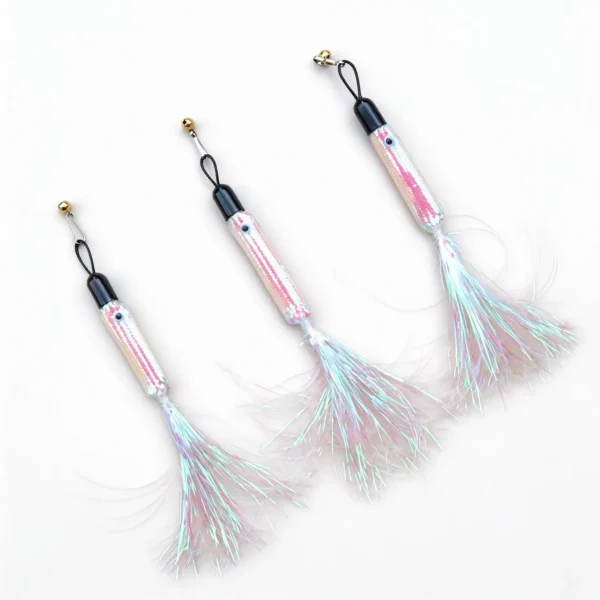 Woolie Shimmer Fish Cat Wand Replacement with iridescent sequin fish body, crinkle tinsel tail, brass bell, and secure clip for interactive cat play.
