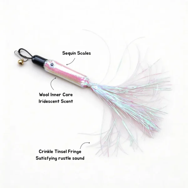Woolie Shimmer Fish Cat Wand Replacement showing sequin scales, a wool inner core, and crinkle tinsel fringe for rustling cat play.