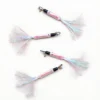 Three Woolie Shimmer Fish Cat Wand Replacement refills with pink iridescent sequin bodies, brass bells, black loops, and shimmering tinsel tails.