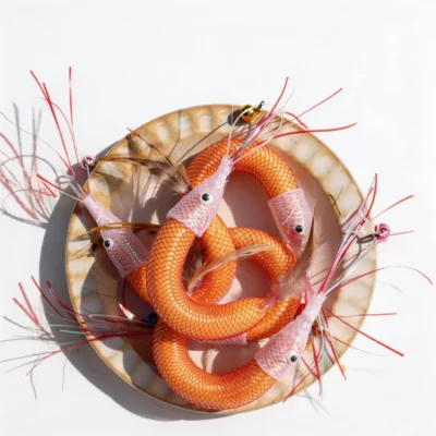 Wooly Shrimp Cat Wand Replacement refills displayed in a ceramic bowl, with orange wool-filled shrimp bodies, pink shiny antennae, bell clips, and natural feather tails.