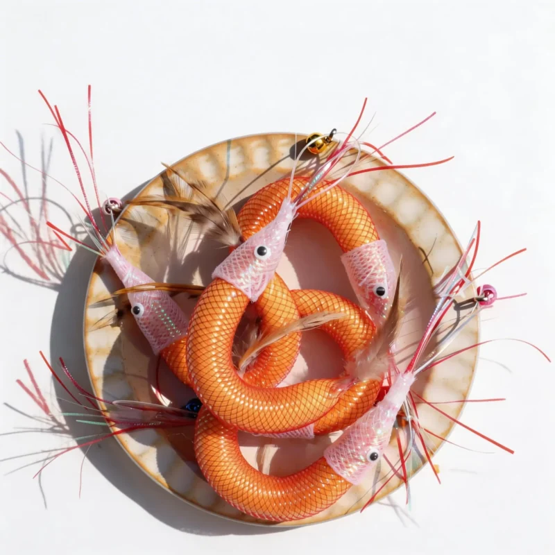 Wooly Shrimp Cat Wand Replacement refills displayed in a ceramic bowl, with orange wool-filled shrimp bodies, pink shiny antennae, bell clips, and natural feather tails.