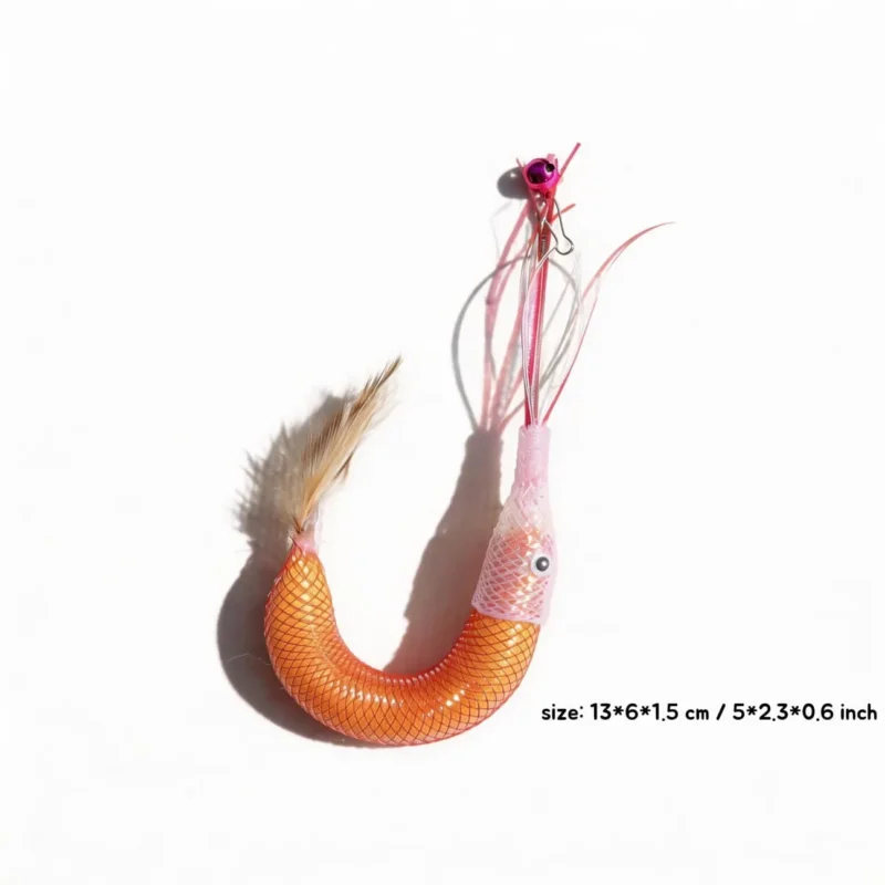 Wooly Shrimp Cat Wand Replacement size detail with curved shrimp shape, mesh body, feather tail, and metal clip.