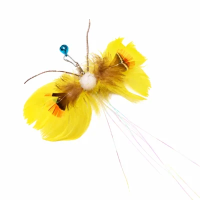 yellow-butterfly-cat-wand-toy-white-background Yellow butterfly cat wand toy on white with layered replacement feathers, a soft pom center, blue bell, metal clip, and iridescent tails.