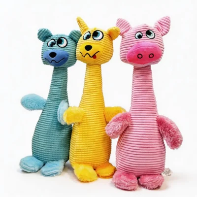 Huggy LongNeck Tug Squeak Dog Toy 3 Styles Huggy LongNeck Tug & Squeak Dog Toy in Pink Pig, Yellow Pup, and Blue Bear plush designs