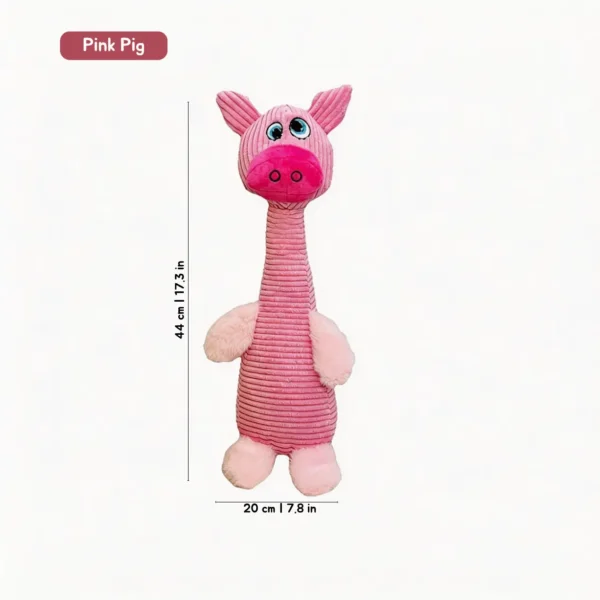 Pink Pig Huggy LongNeck Tug & Squeak Dog Toy size chart showing 44 cm by 20 cm plush toy